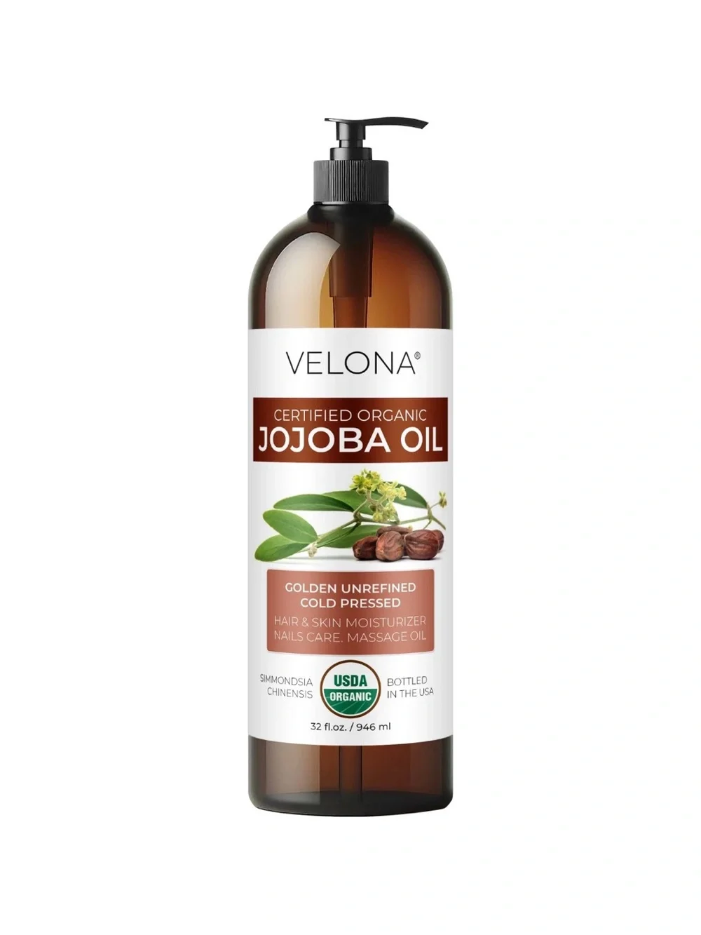 Velona Organic Jojoba Oil 32 oz – Hexane Free Carrier Oil for Hair, Skin& Nails